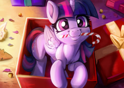 Size: 2200x1555 | Tagged: safe, artist:fidzfox, character:twilight sparkle, character:twilight sparkle (alicorn), species:alicorn, species:pony, :3, box, c:, candy, candy cane, christmas, cookie, cute, dawwww, female, fidzfox is trying to murder us, food, happy, holiday, leaning, looking at you, looking up, mare, mouth hold, nom, pony in a box, present, sitting, smiling, solo, sugar cane, twiabetes, weapons-grade cute, wing fluff