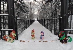 Size: 2048x1406 | Tagged: safe, artist:hihin1993, character:autumn blaze, character:cinder glow, character:starlight glimmer, character:summer flare, bridge, irl, japan, photo, plushie, snow, winter