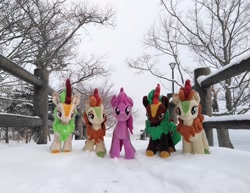 Size: 2048x1577 | Tagged: safe, artist:hihin1993, character:autumn blaze, character:berry punch, character:berryshine, character:cinder glow, character:summer flare, species:kirin, bridge, irl, japan, photo, plushie, snow