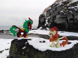 Size: 2048x1536 | Tagged: safe, artist:hihin1993, character:autumn blaze, character:cinder glow, character:summer flare, species:kirin, irl, japan, kirin in real life, photo, plushie, rock, snow, water