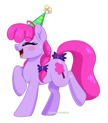 Size: 1577x1785 | Tagged: safe, artist:redheartponiesfan, oc, oc:candy drop, species:earth pony, species:pony, bow, clothing, female, hat, mare, party hat, simple background, solo, tail bow, transparent background