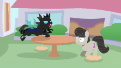 Size: 1920x1080 | Tagged: safe, artist:viva reverie, character:octavia melody, species:changeling, species:earth pony, species:pony, animated, brony polka, canterlot, double bass, fight, lineless, musical instrument, no pupils, no sound, once upon a time in canterlot, ouch, pwned, stare, tavi taps, this ended in pain, webm