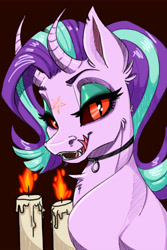 Size: 6000x9000 | Tagged: safe, artist:faline-art, character:starlight glimmer, species:demon pony, candle, chest fluff, choker, demon, fangs, female, licking, licking lips, lidded eyes, looking at you, original species, slit eyes, solo, tongue out