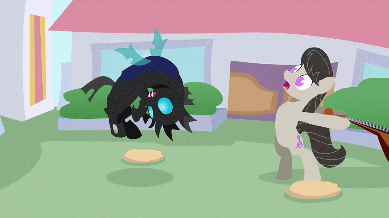 Size: 1275x716 | Tagged: safe, artist:viva reverie, character:octavia melody, species:changeling, species:earth pony, species:pony, animated, brony polka, canterlot, cute, double bass, fight, gif, musical instrument, once upon a time in canterlot, this ended in pain, weapon