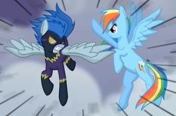 Size: 1280x847 | Tagged: safe, artist:banquo0, character:nightshade, character:rainbow dash, species:pegasus, species:pony, clothing, costume, fight, flying, goggles, midair, shadowbolts, shadowbolts (nightmare moon's minions), shadowbolts costume
