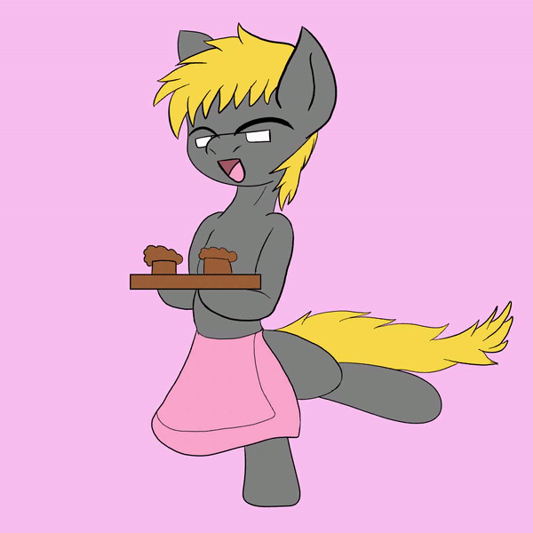 Size: 600x600 | Tagged: safe, artist:queen-razlad, oc, oc:trestle, species:pony, animated, apron, bipedal, clothing, cute, eyes closed, food, frame by frame, gif, happy, muffin, naked apron, pink apron, smiling, spin