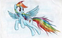Size: 1027x645 | Tagged: safe, artist:magfen, character:rainbow dash, flying, grin, smiling, spread wings, traditional art, wings