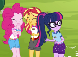 Size: 662x483 | Tagged: safe, artist:thedarkpony, edit, edited screencap, screencap, character:pinkie pie, character:sunset shimmer, character:twilight sparkle, character:twilight sparkle (scitwi), species:eqg human, equestria girls:legend of everfree, g4, my little pony: equestria girls, my little pony:equestria girls, clothing, cropped, fart, fart edit, fart noise, female, laughing, onomatopoeia, shorts, sound effects