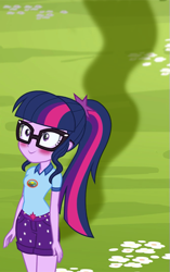 Size: 377x600 | Tagged: safe, artist:thedarkpony, edit, edited screencap, screencap, character:twilight sparkle, character:twilight sparkle (scitwi), species:eqg human, equestria girls:legend of everfree, g4, my little pony: equestria girls, my little pony:equestria girls, blushing, clothing, cropped, fart, fart edit, female, shorts, smelly, twilight fartle, visible stench