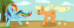 Size: 3497x1336 | Tagged: safe, artist:redheartponiesfan, character:applejack, character:rainbow dash, species:pony, ship:appledash, accessory theft, clothing, female, hat, lesbian, one eye closed, shipping, tongue out, wink