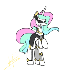 Size: 1280x1280 | Tagged: safe, artist:pencilbrony, character:princess celestia, species:pony, augmented, biohacking, crossover, cyber pony, cyborg, deus ex, female, mare, simple background, solo, sunglasses, white background