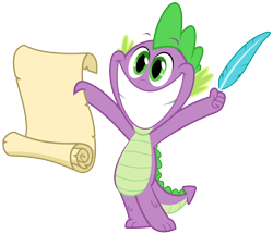 Size: 5000x4304 | Tagged: safe, artist:zutheskunk traces, character:spike, absurd resolution, faec, feather, happy, le ruse master, male, quill, scroll, simple background, smiling, so fucking happy, solo, transparent background, vector, vector trace