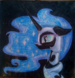 Size: 3013x3123 | Tagged: safe, artist:mysteriousshine, character:nightmare moon, character:princess luna, species:alicorn, species:pony, bust, ethereal mane, female, galaxy mane, helmet, mare, peytral, solo, traditional art, wingding eyes