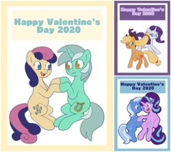Size: 640x569 | Tagged: safe, artist:leslers, character:applejack, character:bon bon, character:lyra heartstrings, character:rarity, character:starlight glimmer, character:sweetie drops, character:trixie, species:earth pony, species:pony, species:unicorn, ship:lyrabon, ship:rarijack, ship:startrix, clothing, cowboy hat, female, hat, holiday, lesbian, mare, shipping, valentine's day, valentine's day card