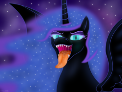Size: 6350x4763 | Tagged: safe, artist:emu34b, character:nightmare moon, character:princess luna, species:alicorn, species:pony, absurd resolution, bedroom eyes, drool, drool string, esophagus, fangs, female, glowing eyes, gullet, kitchen eyes, lidded eyes, looking at you, mare, mawshot, missing accessory, open mouth, oral invitation, salivating, sharp teeth, simple background, slimy, slit eyes, smiling, solo, spread wings, teeth, tongue out, uvula, vector, wings
