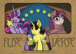 Size: 1920x1358 | Tagged: safe, artist:khaki-cap, commissioner:bigonionbean, oc, oc:king speedy hooves, oc:queen galaxia, oc:tommy the human, species:alicorn, species:pony, affiche art nouveau de la famille royal, alicorn oc, alicorn princess, colt, commission, famille royale de poneys fusionnés, father and child, father and son, female, flower bouquet, foal, french, fusion, fusion:king speedy hooves, fusion:queen galaxia, husband and wife, male, mare, modern art, mother and child, mother and son, nouveau, royal family, stallion