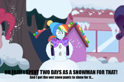 Size: 823x542 | Tagged: safe, artist:thedarkpony, edit, edited screencap, screencap, character:pinkie pie, character:rainbow dash, character:rarity, equestria girls:holidays unwrapped, g4, my little pony: equestria girls, my little pony:equestria girls, spoiler:eqg series (season 2), caption, clothing, female, implied urine, implied wetting, snowman, winter outfit
