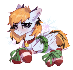 Size: 2079x2000 | Tagged: safe, artist:kotya, oc, oc only, species:pegasus, species:pony, bedroom eyes, bell, bell collar, blushing, bondage, bound wings, bow, cat bell, clothing, collar, gift wrapped, looking at you, prone, ribbon, snow, snowflake, socks, solo, striped socks, wings