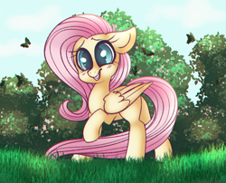 Size: 1280x1035 | Tagged: safe, artist:ponycide, character:fluttershy, species:pegasus, species:pony, butterfly, cute, female, floppy ears, folded wings, looking at you, mare, outdoors, raised hoof, shyabetes, smiling, solo, standing, wings
