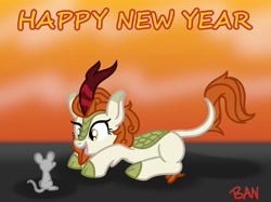 Size: 1600x1199 | Tagged: safe, artist:banquo0, character:autumn blaze, species:kirin, awwtumn blaze, chinese new year, cute, female, open mouth, prone, rat, solo, year of the rat
