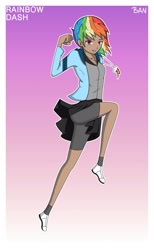 Size: 1280x2080 | Tagged: safe, artist:banquo0, character:rainbow dash, species:human, art pack:my little persona, clothing, compression shorts, female, humanized, miniskirt, pleated skirt, school uniform, shoes, shorts, skirt, skirt lift, socks, solo