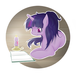 Size: 1021x983 | Tagged: safe, artist:v-invidia, character:twilight sparkle, alternate hairstyle, book, candle, female, ponytail, solo