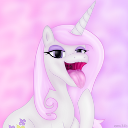 Size: 4750x4750 | Tagged: safe, artist:emu34b, character:fleur-de-lis, species:pony, species:unicorn, absurd resolution, blushing, drool, female, imminent vore, maw, mawshot, open mouth, simple background, solo, teeth, tongue out, uvula