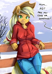 Size: 1414x2000 | Tagged: safe, artist:fidzfox, character:applejack, species:anthro, species:earth pony, species:pony, breasts, busty applejack, clothing, erect nipples, female, fence, hoodie, mare, nipple outline, snow, speech, text