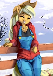 Size: 1414x2000 | Tagged: safe, alternate version, artist:fidzfox, character:applejack, species:anthro, species:earth pony, species:pony, bait and switch, buttons, clothing, cute, eyes closed, female, fence, grin, jackabetes, mare, nipple outline, overalls, smiling, solo, speech, text, troll