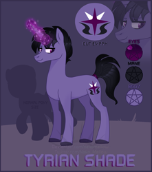 Size: 2761x3121 | Tagged: safe, artist:nekomellow, oc, oc:tyrian shade, species:pony, species:unicorn, magical, male, mature, original species, purple, reference sheet, stallion
