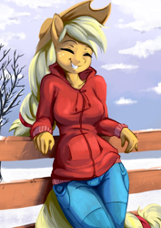 Size: 1414x2000 | Tagged: safe, artist:fidzfox, edit, character:applejack, species:anthro, species:earth pony, species:pony, breasts, busty applejack, clothing, cute, eyes closed, female, fence, grin, hoodie, jackabetes, mare, smiling, snow