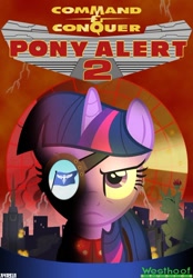 Size: 600x861 | Tagged: safe, artist:a4r91n, character:twilight sparkle, species:pony, species:unicorn, command and conquer, crossover, female, game cover, manehattan, mare, parody, red alert 2, solo, westwood