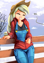 Size: 1414x2000 | Tagged: safe, alternate version, artist:fidzfox, edit, editor:mkogwheel, character:applejack, species:human, bait and switch, buttons, clothing, cute, eyes closed, female, fence, grin, humanized, jackabetes, nipple outline, overalls, smiling, solo, troll