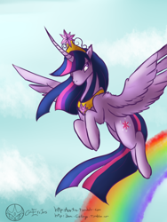 Size: 600x800 | Tagged: safe, artist:aeritus, character:twilight sparkle, character:twilight sparkle (alicorn), species:alicorn, species:pony, 30 minute art challenge, big crown thingy, female, flying, jewelry, mare, peytral, rainbow, regalia, solo, spread wings, ultimate twilight, wings