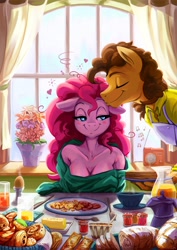 Size: 1979x2800 | Tagged: safe, artist:fidzfox, character:cheese sandwich, character:pinkie pie, species:anthro, species:earth pony, species:pony, ship:cheesepie, apron, bedroom eyes, blushing, bread, breasts, busty pinkie pie, cleavage, clothing, egg, female, floppy ears, flower, food, fork, groggy, heart, implied sex, kiss on the head, kissing, male, mare, meme, music notes, off shoulder, pastry, pie, radio, shipping, sleepy, stallion, straight, waifu thief, window