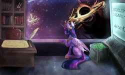 Size: 3400x2040 | Tagged: safe, artist:dream--chan, character:twilight sparkle, character:twilight sparkle (alicorn), species:alicorn, species:pony, accretion disk, apple, black hole, book, bookshelf, chair, commission, crown, desk, female, food, futuristic, hoof shoes, horizon signal, jewelry, peytral, quill, quill pen, regalia, sitting, solo, space, stellaris