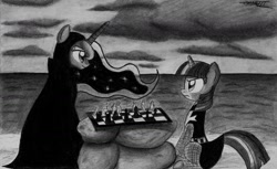 Size: 1984x1215 | Tagged: safe, artist:willisninety-six, character:princess luna, character:twilight sparkle, species:alicorn, species:pony, species:unicorn, chess, cloak, clothing, crossover, death, duo, duo female, female, mare, monochrome, sitting, the seventh seal, traditional art