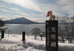 Size: 2048x1414 | Tagged: safe, artist:hihin1993, oc, oc only, oc:poniko, japan, japanese, lake, plushie, scenery, snow, solo