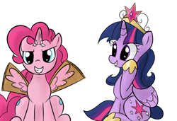 Size: 640x437 | Tagged: safe, artist:bambooharvester, character:pinkie pie, character:twilight sparkle, character:twilight sparkle (alicorn), species:alicorn, species:pony, fake horn, fake wings, tumblr