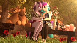 Size: 3840x2160 | Tagged: safe, artist:vision, oc, oc only, oc:aurora starling, oc:raven storm, species:anthro, species:earth pony, species:pony, 3d, chocolate, clothing, cute, dawwww, flower, food, forest, forest background, glasses, grass, oc x oc, rose, shipping, source filmmaker, stone, teddy bear, toy, tree, vine