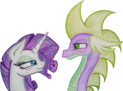 Size: 695x513 | Tagged: safe, artist:mysteriousshine, character:rarity, character:spike, species:dragon, species:pony, species:unicorn, ship:sparity, bedroom eyes, blushing, bust, eyelashes, female, makeup, male, mare, older, older spike, shipping, simple background, smiling, straight, traditional art, white background