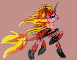 Size: 700x542 | Tagged: safe, artist:mysteriousshine, character:sunset satan, character:sunset shimmer, species:alicorn, species:demon pony, species:pony, g4, my little pony:equestria girls, demon, equestria girls ponified, female, hoofs shoes, mane of fire, mare, original species, ponified, raised hoof, simple background, smiling, smirk, solo, sunset satan, traditional art