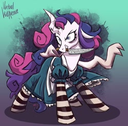 Size: 1080x1067 | Tagged: safe, artist:virtualkidavenue, oc, oc only, oc:princess canterella, parent:princess cadance, parent:queen chrysalis, parents:cadalis, species:changeling, species:changepony, alice:madness returns, changeling queen, clothing, cosplay, costume, dress, female, hybrid, interspecies offspring, knife, magical lesbian spawn, mouth hold, next generation, offspring, socks, solo, striped socks, video game, vorpal blade