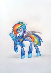 Size: 1996x2834 | Tagged: safe, artist:mysteriousshine, character:rainbow dash, species:pegasus, species:pony, alternate timeline, amputee, apocalypse dash, armor, artificial wings, augmented, crystal war timeline, eye scar, female, grin, insanity, prosthetic limb, prosthetic wing, prosthetics, raised hoof, scar, smiling, solo, torn ear, wings
