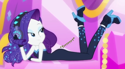 Size: 834x460 | Tagged: safe, artist:thedarkpony, edit, edited screencap, screencap, character:rarity, episode:the other side, g4, my little pony: equestria girls, my little pony:equestria girls, cropped, fart, fart edit, fart noise, female, onomatopoeia, solo, sound effects, unitard