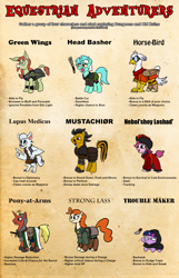 Size: 1500x2331 | Tagged: safe, artist:velgarn, character:lyra heartstrings, character:twilight sparkle, oc, oc only, oc:dr. wolf, oc:firebrand, oc:holivi, oc:nordpone, oc:overhaul, oc:silver quill, oc:toonbat, species:anthro, species:bat pony, species:diamond dog, species:earth pony, species:hippogriff, species:mule, species:pegasus, species:pony, species:unicorn, species:wolf, adventurer, armor, bag, barbarian, barding, belt, brooch, celtic, chainmail, cloak, clothing, club, cowl, cyrillic, dagger, dungeons and dragons, explorer, explorer outfit, fantasy, female, goggles, group, hat, healer, horseshoes, hybrid, knife, knight, latin, male, mare, medieval, pen and paper rpg, ponyfinder, rpg, russian, saddle bag, scarf, scoundrel, seeds of harmony, shoulder bag, soldier, soldier pony, stallion, style emulation, sword, tabletop gaming, twiggie, weapon, winter outfit