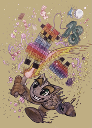 Size: 617x853 | Tagged: safe, artist:mysteriousshine, species:alicorn, species:anthro, species:pony, alicornified, candy, confetti, female, food, full moon, horn, moon, race swap, smiling, smirk, solo, traditional art, wings
