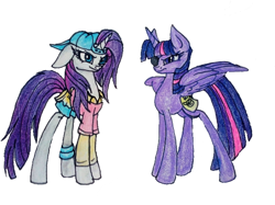 Size: 720x538 | Tagged: safe, artist:misteriousshine, artist:mysteriousshine, character:rarity, character:twilight sparkle, character:twilight sparkle (alicorn), species:alicorn, species:pony, species:unicorn, episode:friendship university, g4, my little pony: friendship is magic, alternate hairstyle, backwards ballcap, baseball cap, cap, clothing, disguise, eyelashes, eyepatch, eyepatch (disguise), fake cutie mark, female, hat, long legs, mare, paper-thin disguise, plainity, traditional art