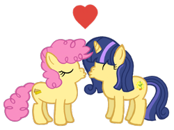 Size: 2732x2048 | Tagged: safe, artist:turnaboutart, character:li'l cheese, oc, oc:sunlight sprout, parent:lemon hearts, parent:twilight sparkle, parents:lemonlight, species:earth pony, species:pony, species:unicorn, episode:the last problem, g4, my little pony: friendship is magic, canon x oc, colt, eyes closed, female, filly, heart, imminent kissing, magical lesbian spawn, male, offspring, offspring shipping, simple background, straight, sunlightcheese, transparent background, young love