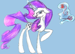 Size: 625x454 | Tagged: safe, artist:mysteriousshine, character:rarity, species:pony, species:unicorn, female, glowing horn, horn, magic, mare, raised hoof, scissors, simple background, solo, telekinesis, thread, traditional art